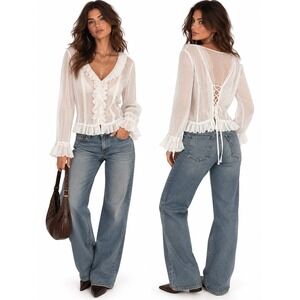 M Milano Vintage Y2K White Sheer Lace Ruffle Blouse Corset Back Top Medium